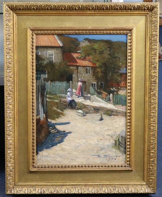 Mark Senior (1864-1927) Street scene, Runswick Bay, 20 x 14in.